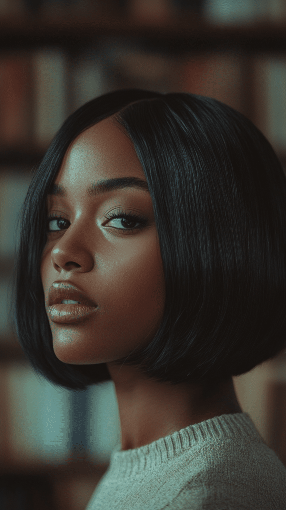 A woman with a classic bob and a soft, side-swept fringe for a casual yet stylish appearance.