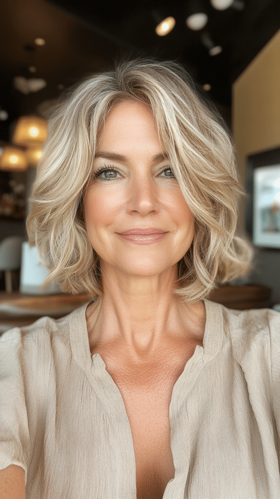A woman with a short bronde bob styled in soft waves. The blend of blonde and brunette tones creates natural dimension and volume.