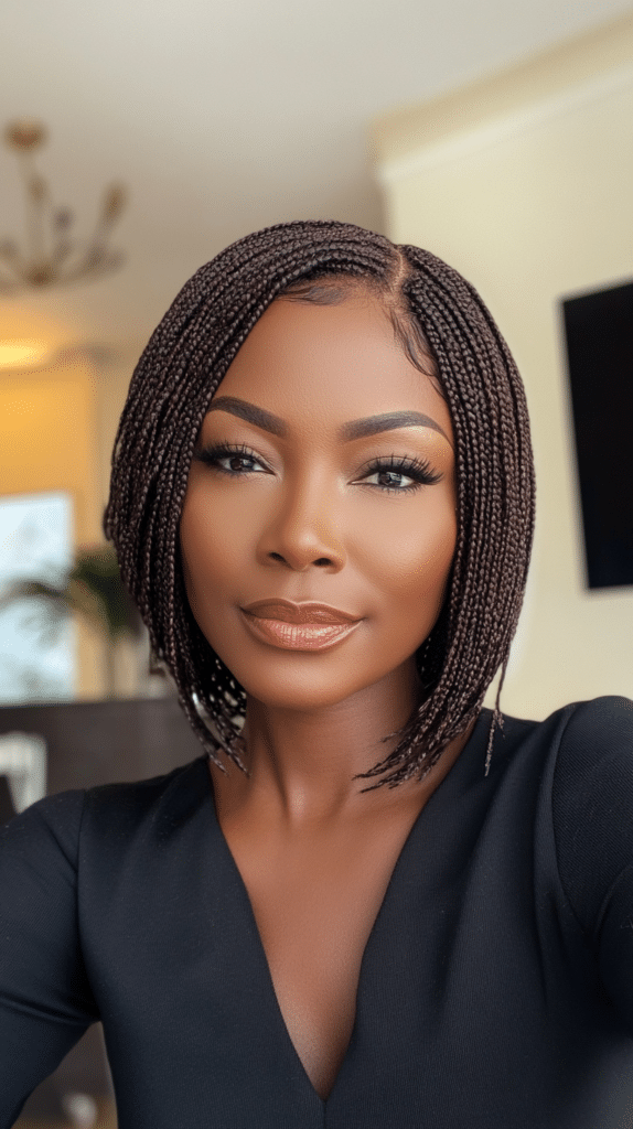 A woman with a short Ghanaian braids bob, ending just above her shoulders, giving a lightweight and modern appearance.