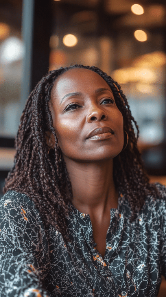A woman with shoulder-length Ghanaian braids, styled neatly for a simple yet sophisticated protective hairstyle.
