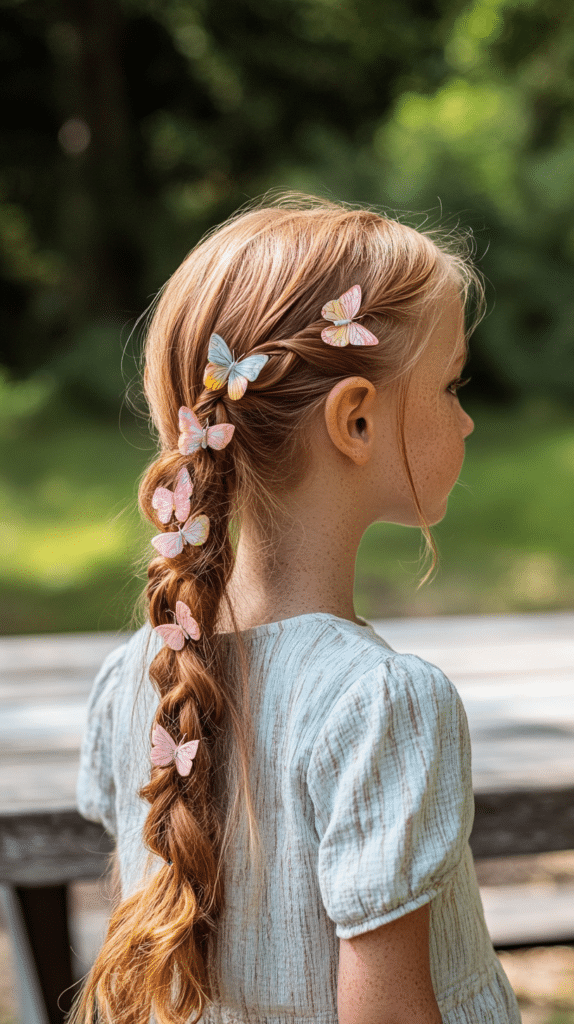 A girl with auburn hair styled in a side braid leading to a ponytail, decorated with pastel butterfly clips, standing near a picnic table.