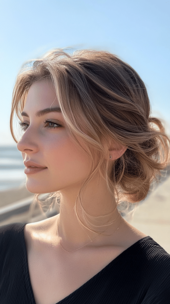 A woman with a wavy lob featuring a deep side part and soft bronde balayage blending, creating a natural sunlit effect.