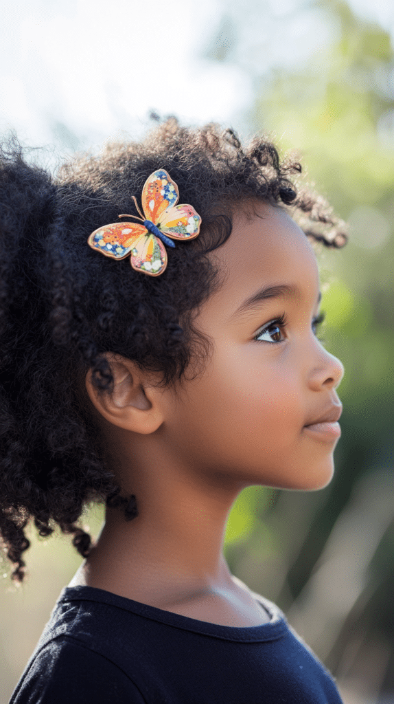 A girl with naturally curly black hair swept to one side, pinned with an Easter-themed butterfly clip, standing on a sunny patio.