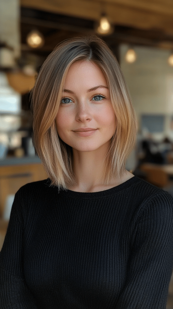 A woman with a side-swept layered bob featuring bronde balayage highlights, creating a flattering and elegant style.