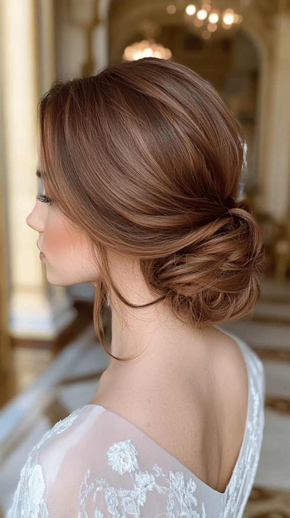 A woman with chestnut brown hair in a side-swept low bun, captured in a grand ballroom.
