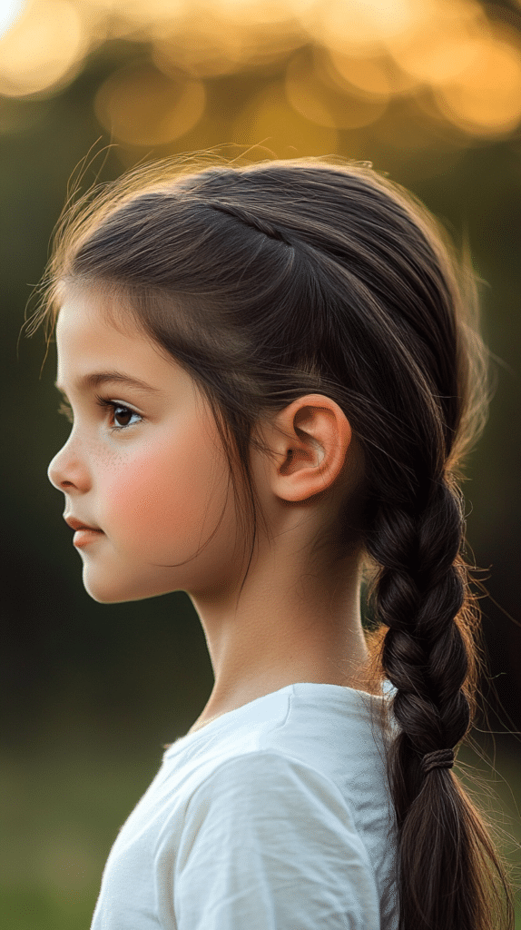 A girl with medium-length dark brown hair styled in a sleek braided ponytail, standing outside on a sunny day.