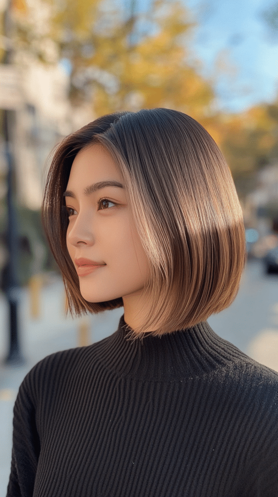 A woman with a sleek, straight bob and a middle part, featuring bronde balayage highlights that add depth and shine.