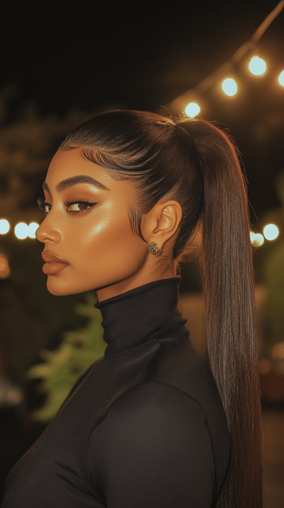 A woman with a sleek high ponytail, styled neatly for a polished and elegant party look.