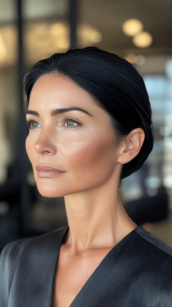 A middle-aged woman with jet-black hair styled in a sleek, polished low bun in an office setting.