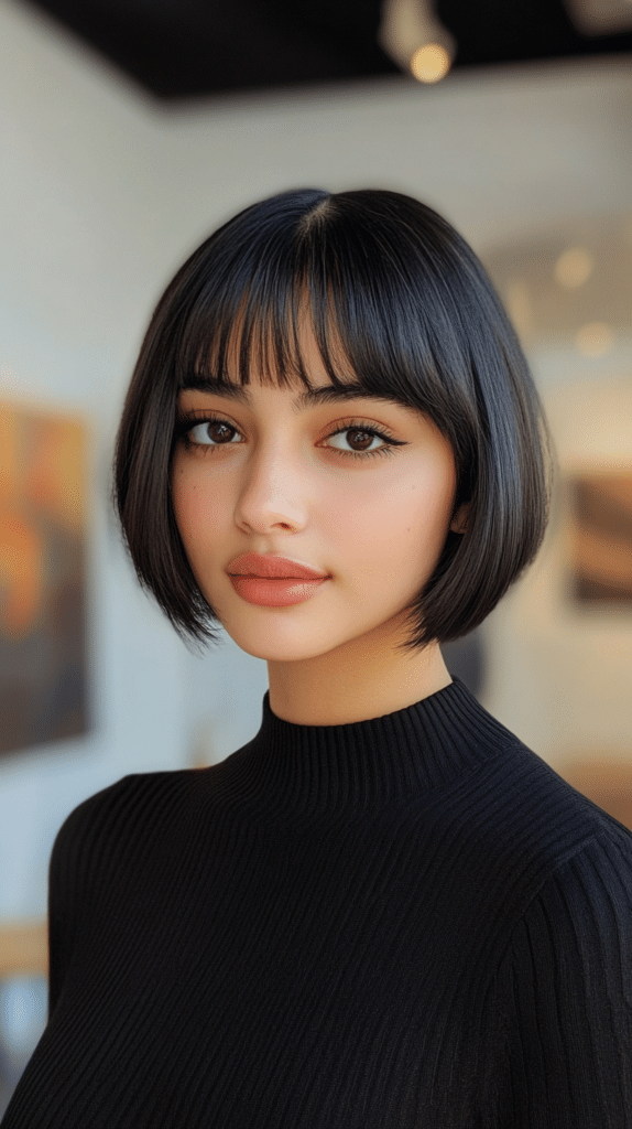 A woman with a polished, short bob and tapered bangs, adding sophistication and elegance.