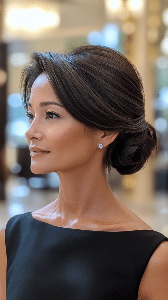 A neatly pinned-up short hairstyle with a smooth and polished finish.