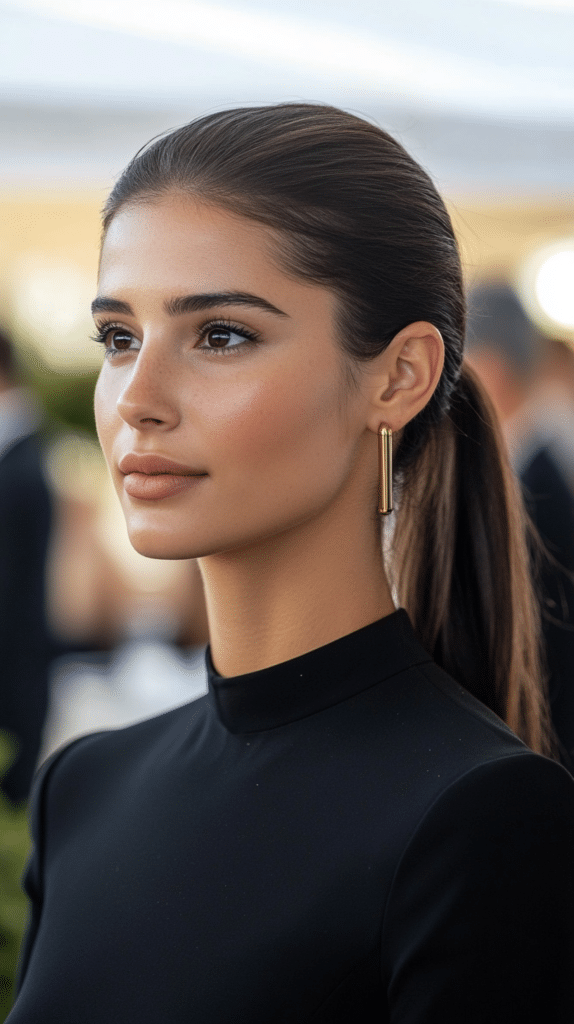 A woman with a slicked-back low ponytail, featuring a smooth and elegant finish.