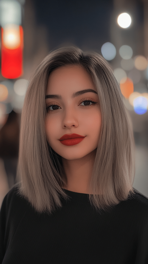 A woman with smokey mushroom bronde hair. The cool-toned shade has a slightly grayish undertone, giving a modern, edgy feel.