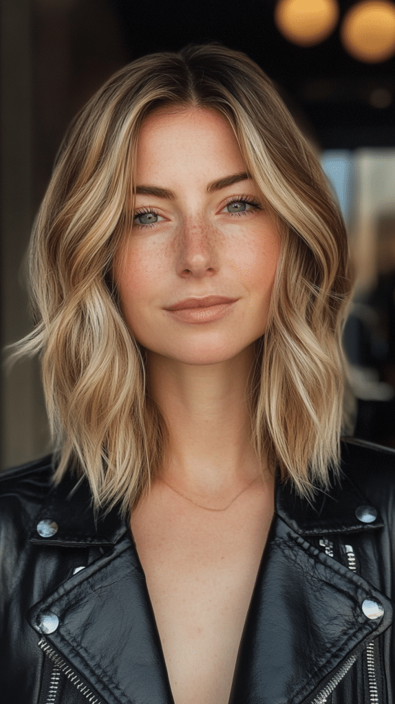 A woman with shoulder-length bronde hair featuring cool-toned ash blonde highlights. The soft, smoky effect gives the hair a modern, edgy appearance.