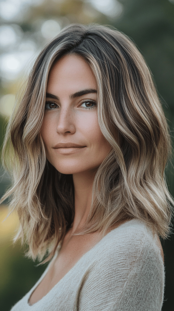 A woman with soft balayage mushroom bronde hair, featuring blended cool brunette and ashy blonde tones. Her hair is naturally wavy and medium-length.