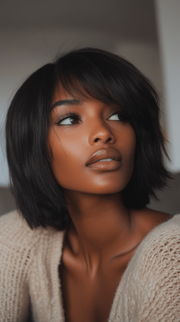 A woman with a layered bob and side-swept fringe, adding softness and movement to the hair.