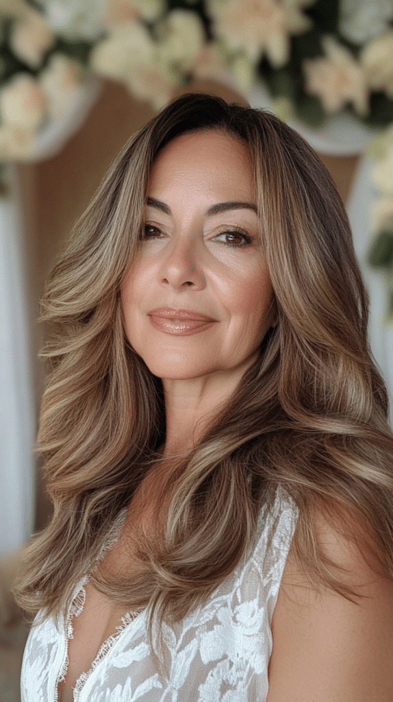 Flowing soft waves styled with a deep side part, adding volume and elegance.