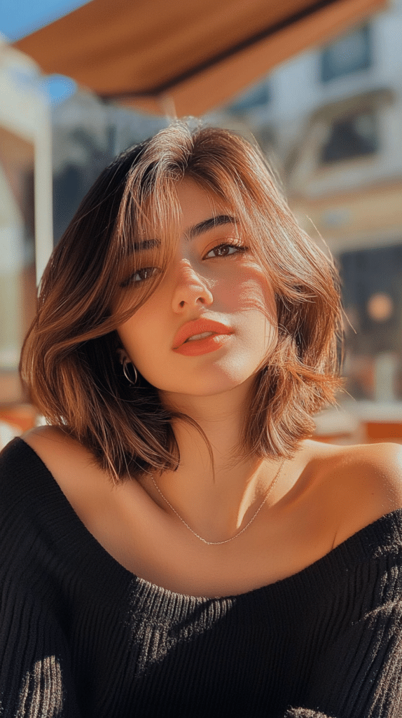 A woman with a softly layered bob featuring wispy bangs and bronde balayage highlights, adding lightness and movement.