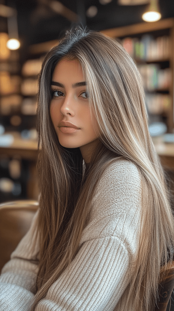 A woman with long, straight mushroom bronde hair featuring delicate babylights. The subtle highlights add natural brightness.