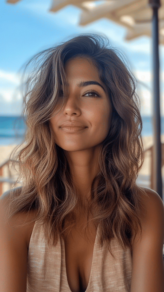A woman with a sun-kissed mushroom bronde balayage. Her wavy hair has subtle golden undertones for a soft glow.