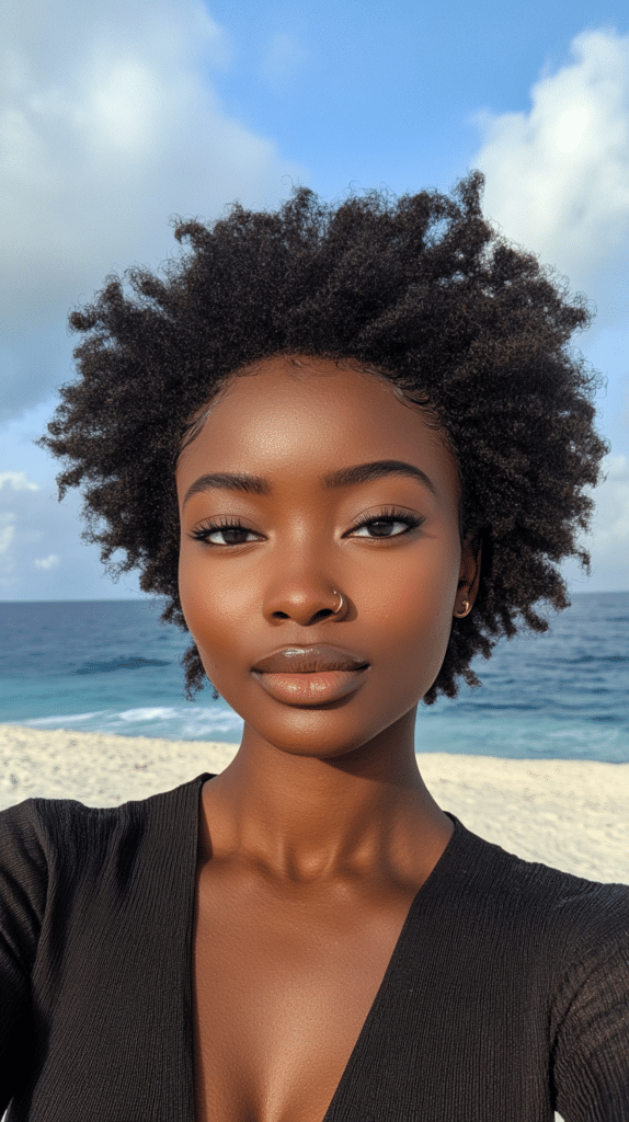 A woman with a teeny weeny afro (TWA), styled short with defined curls.