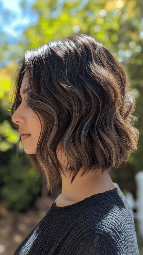 A woman with a textured bob featuring a root melt bronde balayage effect, blending darker roots into lighter bronde shades.