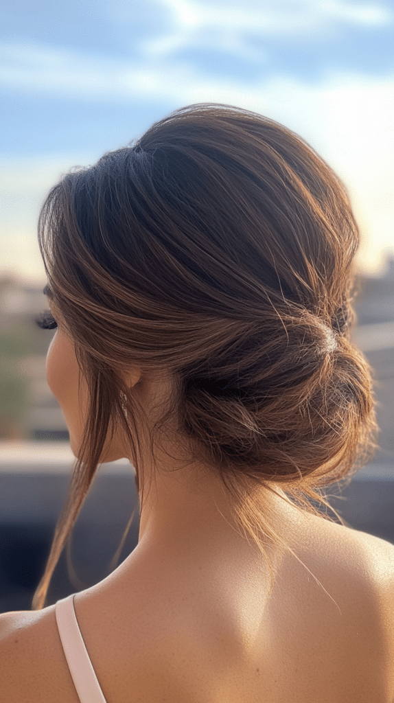 A woman with a textured low bun, featuring soft volume and a secure hold for a formal occasion.