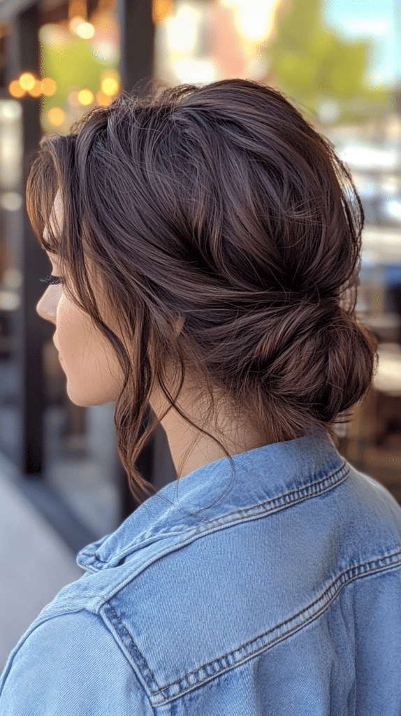 A woman with thick, dark brown wavy hair styled in a voluminous textured low bun.