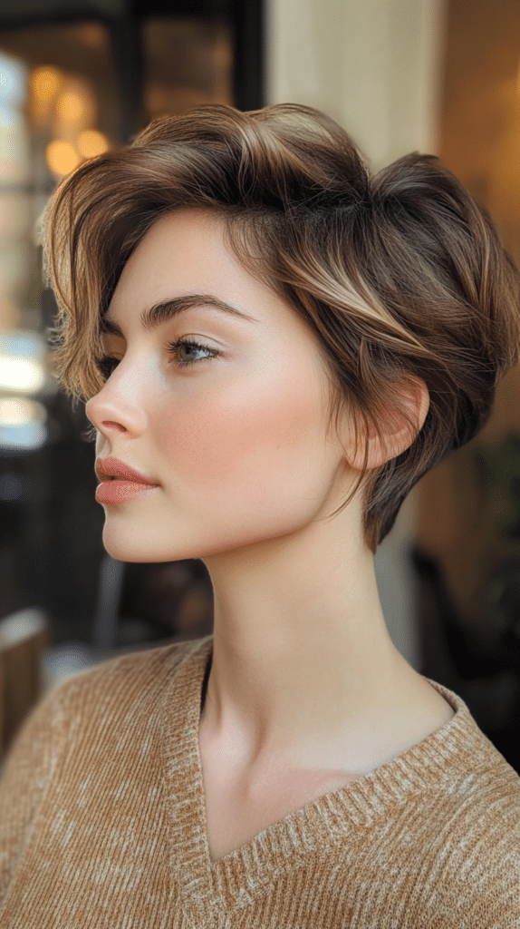 A woman with a textured pixie cut and subtle bronde balayage highlights. The tousled layers create a modern and airy look.