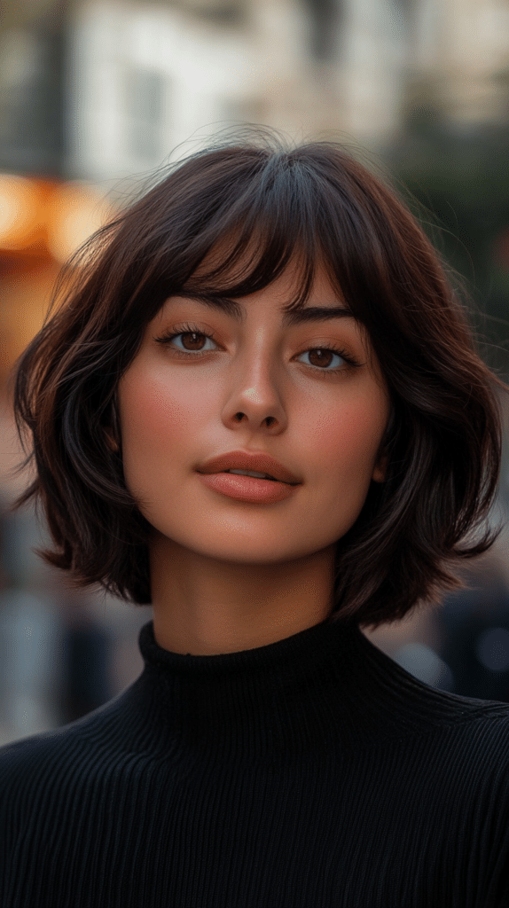 A woman with a choppy, textured short bob and light fringe, enhancing volume and definition.