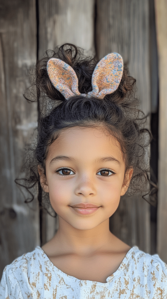 A girl with curly dark brown hair styled in a top knot secured with a bunny ears scrunchie, standing near a wooden fence.