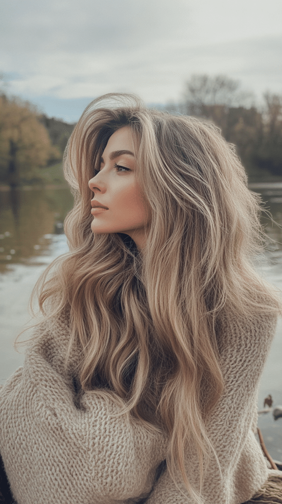 A woman with long, tousled waves in a mushroom bronde shade. The highlights add texture and movement.