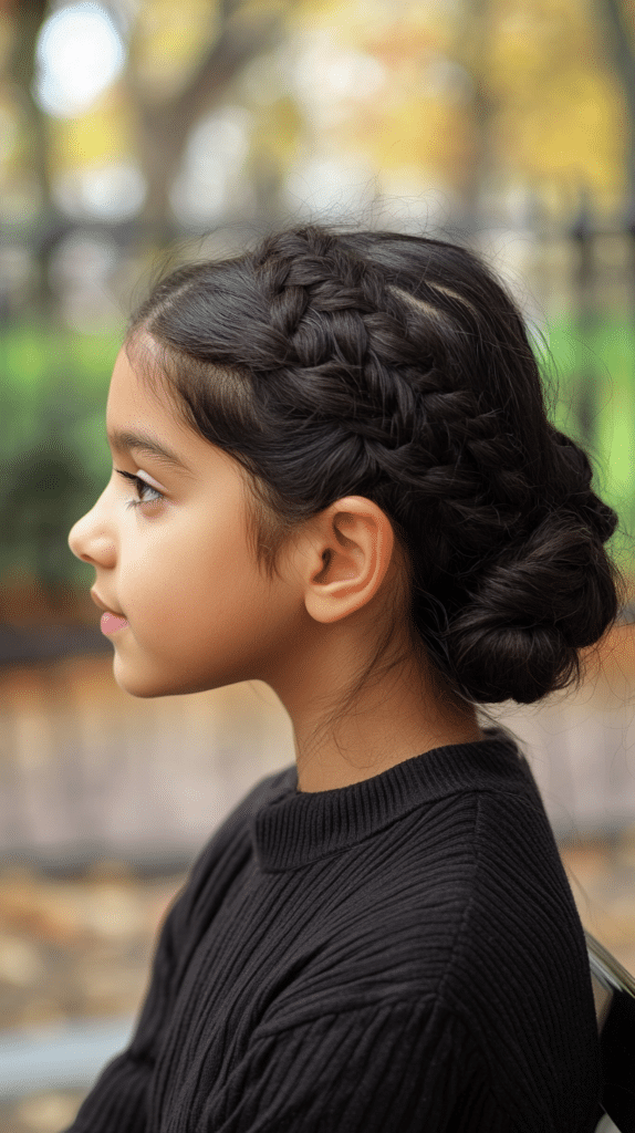 A girl with long black hair styled into a low bun made of three braids, standing near a park bench with a blurred natural background.