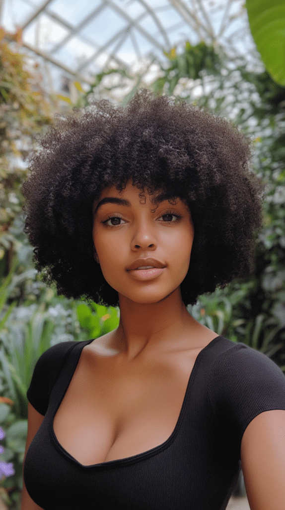 A woman with a twist-out afro, featuring voluminous and well-separated curls.