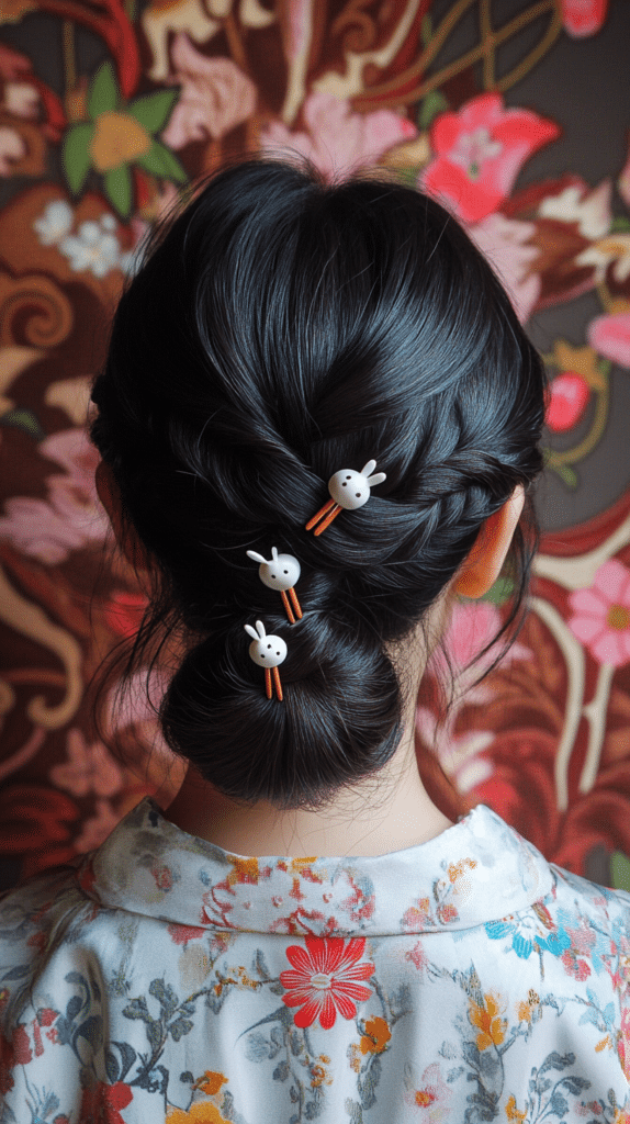 A girl with medium-length black hair styled in a twisted low bun, accessorized with bunny-shaped pins, standing near a blooming flowerbed.