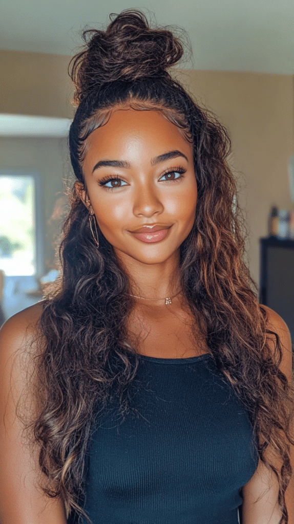 A woman with a twisted half-up half-down hairstyle, adding a romantic and secure touch to loose waves.