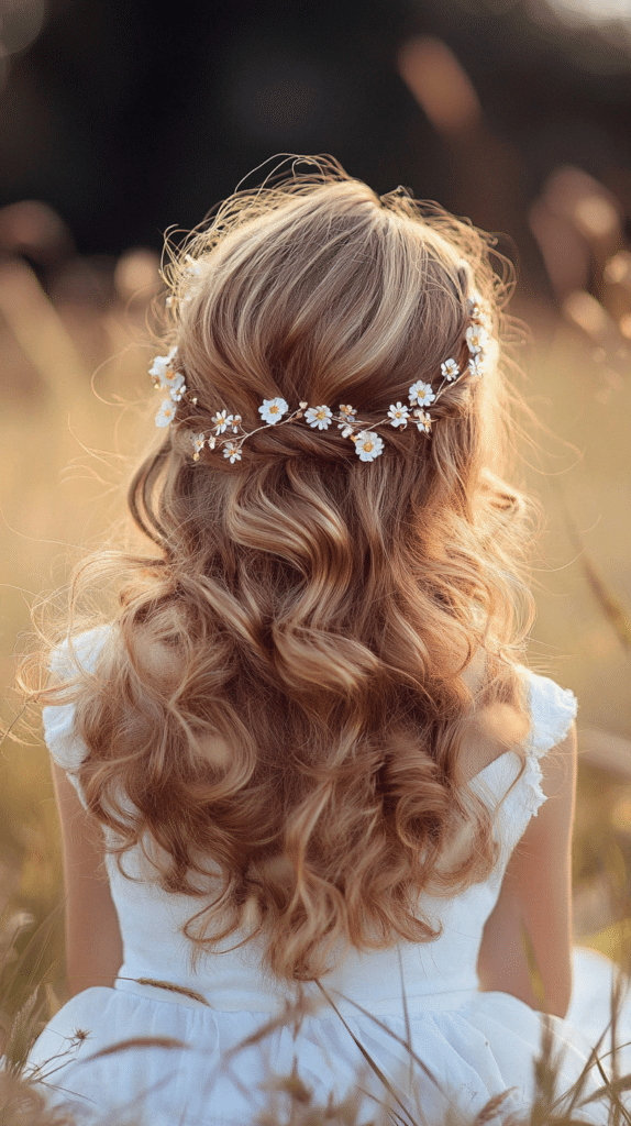 A girl with medium-length curly blonde hair styled in a twisted half-updo, adorned with tiny flower clips, sitting in a field.