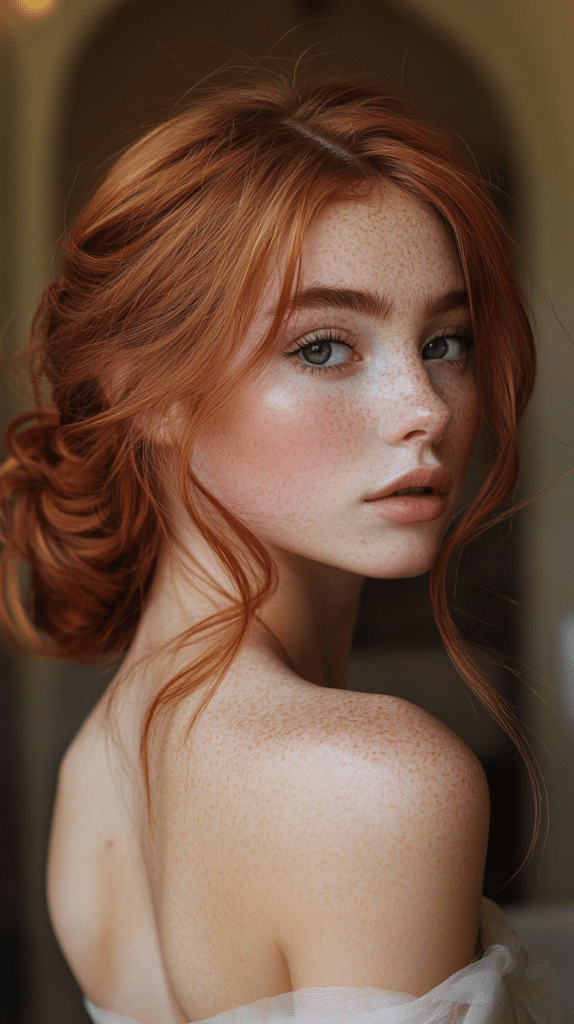 A young woman with red hair styled in an elegant twisted low bun at a formal ballroom.

