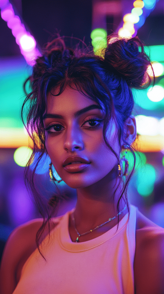 A woman with twisted space buns, styled in two secure buns for a fun and youthful party look.