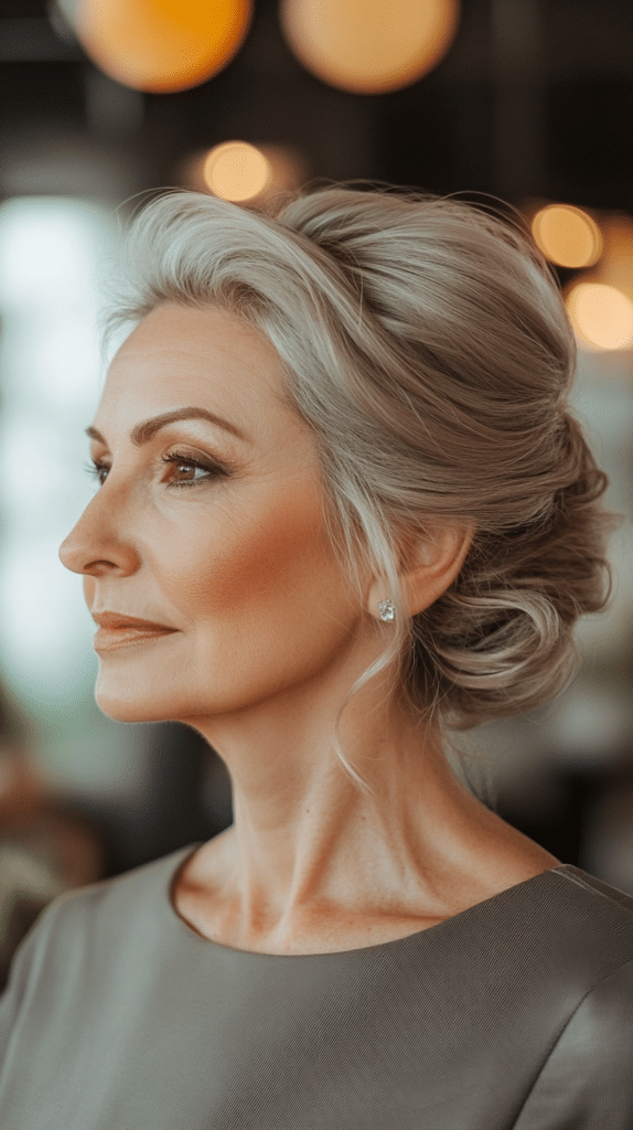A twisted updo with added volume at the crown, creating a sophisticated effect.