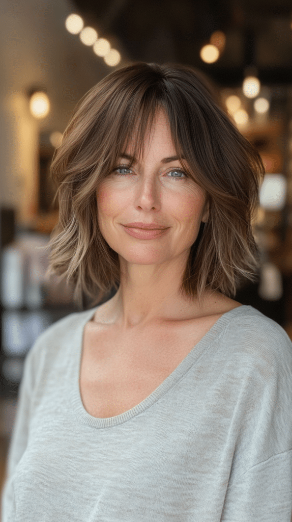 A woman with a voluminous bob and soft, wispy bangs, styled to frame the face beautifully.