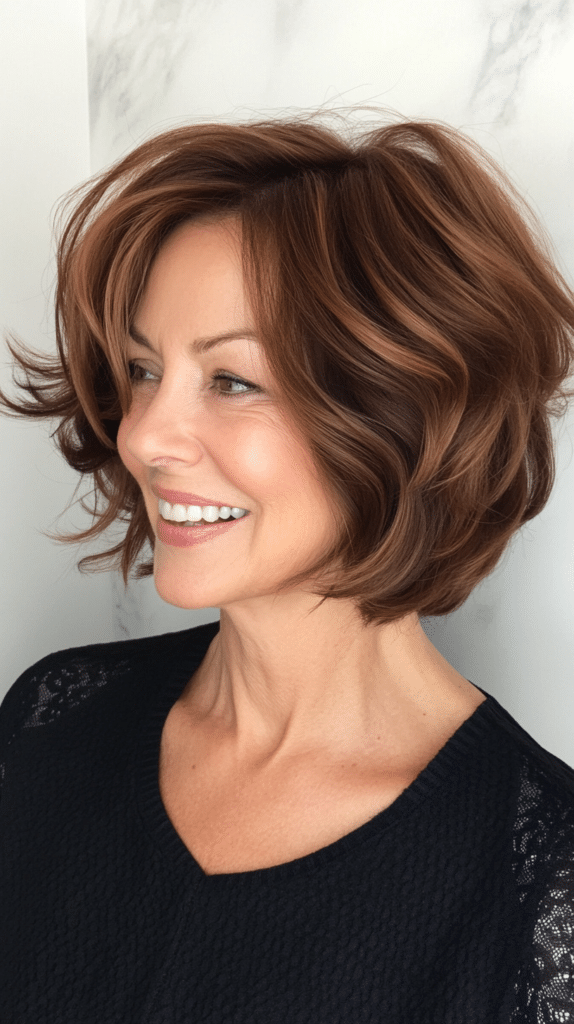 A layered bob with soft curls for added movement and a touch of elegance.