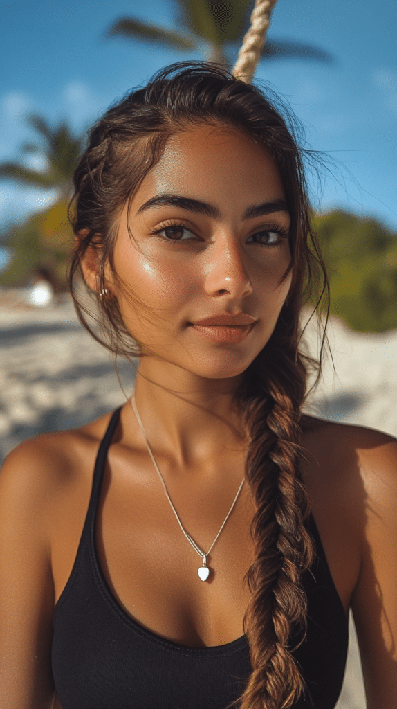 A woman with a voluminous fishtail braid, featuring thick texture and secure braiding.