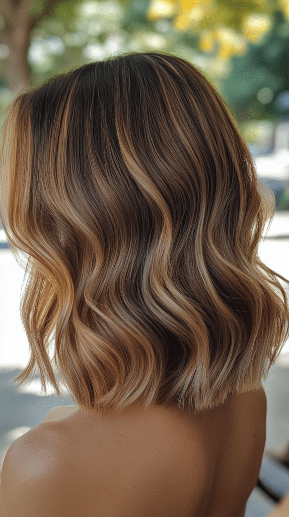 A woman with shoulder-length mushroom bronde hair featuring warm honey highlights. Her hair is softly curled for a natural look.