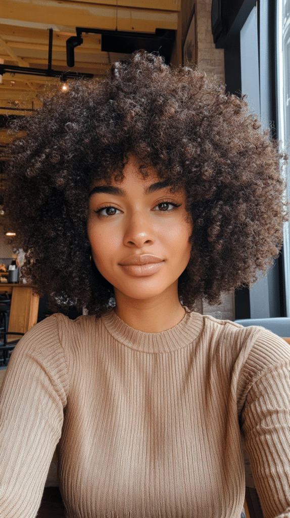 A woman with a short wash-and-go afro, featuring well-defined, slightly damp curls.