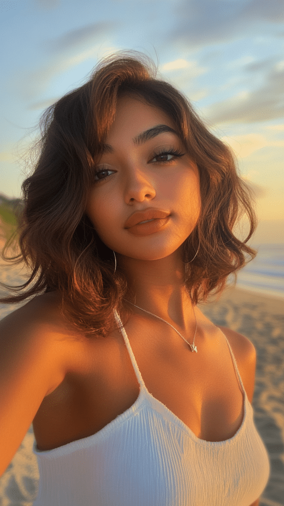 A woman with soft, wavy bob-length hair and a long, side-swept fringe for an effortless, relaxed style.