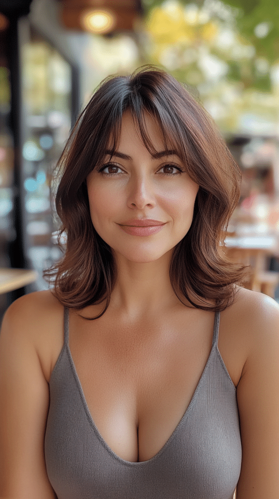 A woman with soft, natural waves in her bob and a fringe that blends seamlessly into her layers.