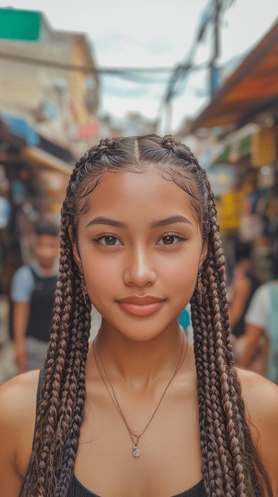 A woman with zigzag-parted Ghanaian braids, featuring a creative pattern for a stylish and low-maintenance look.