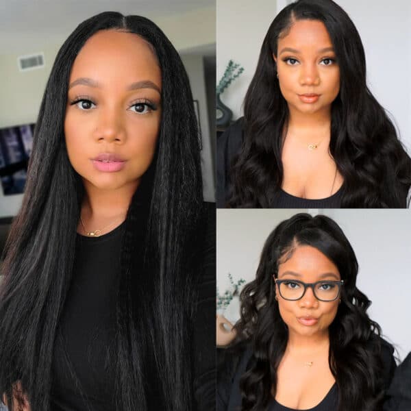 sunberkinkystraightvpartwig Sunber Kinky Straight V Part Wigs Versatile No Leave Out Yaki Straight Human Hair Wig - 22 / No Lace V Part-150% Density