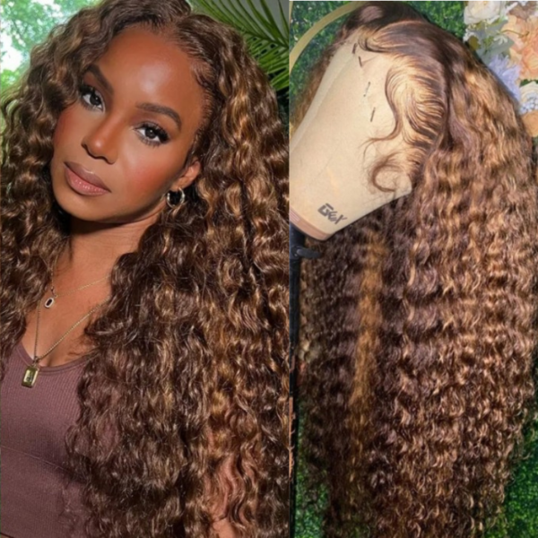 Extra 50% Off Sunber Piano Brown Highlight 13 By 4 Pre-Everything Lace Frontal Wigs Water Wave Human Hair - 18 / 13*5*0.5 T Part Lace Front